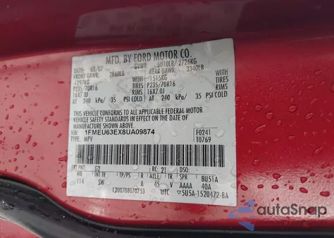 2008 Ford Explorer Xlt z USA, uszkodzony, nr VIN 1FMEU63EX8UA09874